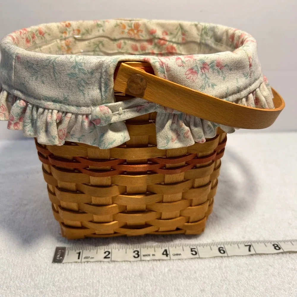 Longaberger 2001 Handwoven Basket with Floral Liner and Plastic Protector